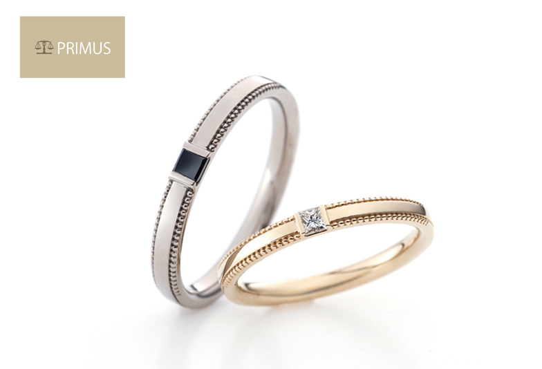 ミル打ちとスクエアカットのダイヤモンドが珍しい結婚指輪